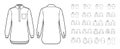 Set of Shirt henley collar technical fashion illustration with long sleeves, tunic, classic collar, oversized fitted