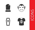 Set Shirt with skull, Tombstone RIP written, Coffin christian cross and Vampire icon. Vector