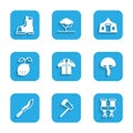 Set Shirt, Wooden axe, Binoculars, Mushroom, Machete, Lemon, Tourist tent and Hunter boots icon. Vector