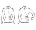 Set of Shirt wrap technical fashion illustration with bow tie closure, elbow folded long sleeves, classic collar, fitted