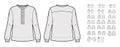 Set of Shirts henley collar technical fashion illustration with long short elbow sleeves, tunic length. Flat Apparel top