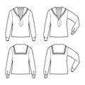 Set of shirts middy sailor suit technical fashion illustration with long sleeves, tunic length, oversized. Flat apparel