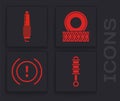 Set Shock absorber, Car spark plug, Car wheel and Brake system warning icon. Vector