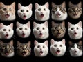 Set of shocked face cats on black background. Generative AI