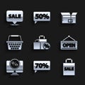 Set Shoping bag with discount, Seventy percent tag, Sale, Hanging sign Open, Percent and monitor, Shopping basket Royalty Free Stock Photo