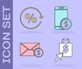 Set Shoping bag and dollar, Discount percent tag, Envelope with coin dollar and Smartphone with dollar icon. Vector Royalty Free Stock Photo