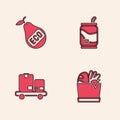 Set Shopping bag and food, Healthy organic pear, Soda can and Hand truck boxes icon. Vector Royalty Free Stock Photo