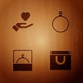 Set Shopping bag, Heart hand, Diamond engagement ring and on wooden background. Vector