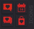 Set Shopping bag with heart, Like and heart, Calendar with February 14 and Like and heart icon. Vector. Royalty Free Stock Photo