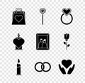 Set Shopping bag with heart, Lollipop, Wedding rings, Burning candle, Heart hand, Bottle love potion and Picture frame Royalty Free Stock Photo