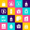 Set Shopping bag with recycle, Canister machine oil, Battery, Bio fuel barrel, and Eco friendly house icon. Vector Royalty Free Stock Photo