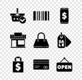 Set Shopping basket with check mark, Barcode, Smartphone dollar, Shoping bag and, Credit card, Hanging sign Open