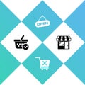 Set Shopping basket with check mark, Remove shopping cart, Hanging sign Open door and Market store icon. Vector