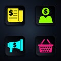 Set Shopping basket, Financial news, Megaphone and dollar and Business man planning mind. Black square button. Vector