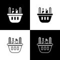 Set Shopping basket and food icon isolated on black and white background. Food store, supermarket.  Vector Illustration Royalty Free Stock Photo