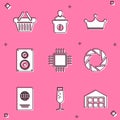 Set Shopping basket, Information desk, Crown, Stereo speaker, Processor with CPU and Camera shutter icon. Vector