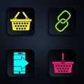 Set Shopping basket, Shopping basket, Smartphone, mobile phone and Chain link. Black square button. Vector