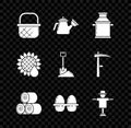 Set Shopping basket, Watering can, Can container for milk, Roll of hay, Chicken egg box, Scarecrow, Sunflower and Shovel