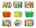 Set of shopping baskets with different household chemicals on background Royalty Free Stock Photo