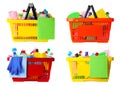 Set of shopping baskets with different household chemicals on background Royalty Free Stock Photo