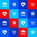 Set Shopping building and text closed, Remove shopping cart, Discount percent tag heart and icon. Vector