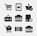 Set Shopping cart, basket on tablet, Add to, and dollar, Barcode, building text closed, Hanging sign with Sale and open Royalty Free Stock Photo