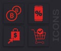 Set Shopping cart with check mark, Cryptocurrency coin Bitcoin, Percent discount and mobile and Shoping bag and dollar Royalty Free Stock Photo