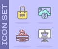 Set Shopping cart on computer, bag with recycle, Wooden box for fruits and Credit card icon. Vector