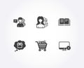 Shopping cart, Education and Gift dream icons. Women headhunting, People and Monitor settings signs.