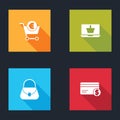 Set Shopping cart and euro, basket on laptop, Handbag and Credit card dollar icon. Vector