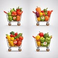 Set of shopping cart full of food on white background. Grocery and food store concept. Supermarket trolley cart with fresh Royalty Free Stock Photo