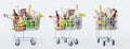 Set of shopping cart full of food on white background. Grocery and food store concept. Supermarket trolley cart with fresh Royalty Free Stock Photo