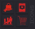 Set Shopping cart, Hand and paper shopping bag, Mobile phone and like with heart and Financial growth and coin icon Royalty Free Stock Photo