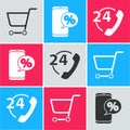 Set Shopping cart, Percent discount and phone and Telephone 24 hours support icon. Vector