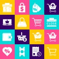 Set Shopping cart, Remove shopping, building and text closed, Discount percent tag, Handbag, basket on laptop, or market