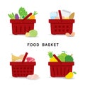 Set of shopping food baskets of organic and healthy food at Supermarket. Vegetable, Fruit, Fresh Meat and Dairy Product Food. Flat