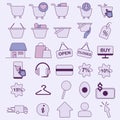 Set of shopping icons purple, lilac, online shopping, delivery, e-commerce, buy, shop, cart, pay, discounts