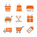 Set of shopping and retail flat vector icons. Shop shopping bag discount label basket gift shipping shopping cart