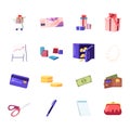 Set Shopping Trolley with Gift Box, Discount Coupon and Presents, Data Analysis Graph, Paper bags and Safe with Money