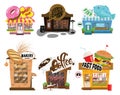 Set of shops. A collection of small cartoon shops with a sign. Stylized trade counters. Vector illustration.