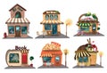 Set of shops. A collection of small cartoon shops with a sign. Stylized trade counters. Vector illustration.