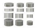 Set of short cylindrical aluminum tin cans in various sizes, cl