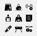 Set Short or pants, Broken weight, Dumbbell, Protein sport bar, Pommel horse, Barbell, Bodybuilder and Hoodie icon