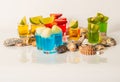 Set shot drinks, yellow and blue kamikaze drinks decorated with Royalty Free Stock Photo