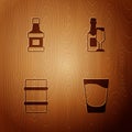 Set Shot glass, Whiskey bottle, Metal beer keg and Champagne and on wooden background. Vector Royalty Free Stock Photo