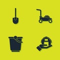 Set Shovel, Farm house in hand, Bucket and Lawn mower icon. Vector