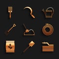 Set Shovel in the ground, Garden shovel, hose or fire hose, Fertilizer bag, pitchfork, Watering can and icon. Vector