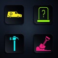 Set Shovel in the ground, Hearse car, Hammer and Grave with tombstone. Black square button. Vector