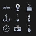 Set Shovel, Photo camera, Guitar, Bottle of water, Compass, Anchor, Camping gas stove and Pickup truck icon. Vector Royalty Free Stock Photo