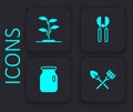 Set Shovel and rake, Sprout, Gardening scissors and Glass jar with screw-cap icon. Black square button. Vector
